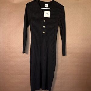 Anne Klein Black Ribbed Long Sleeve Button-Front Dress
